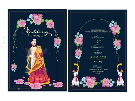 Floral Wedding Invitation Card Design Set with Indian Couple Image and Venue Details. vector