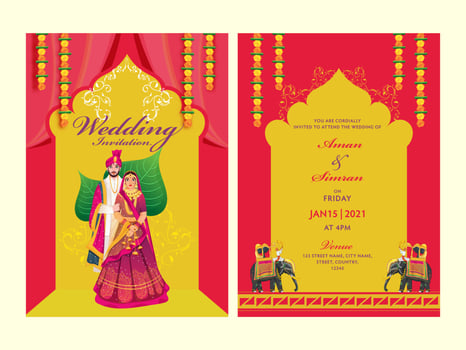 Red and Yellow Wedding Invitation Card Set with Indian Couple Image and Venue Details. vector