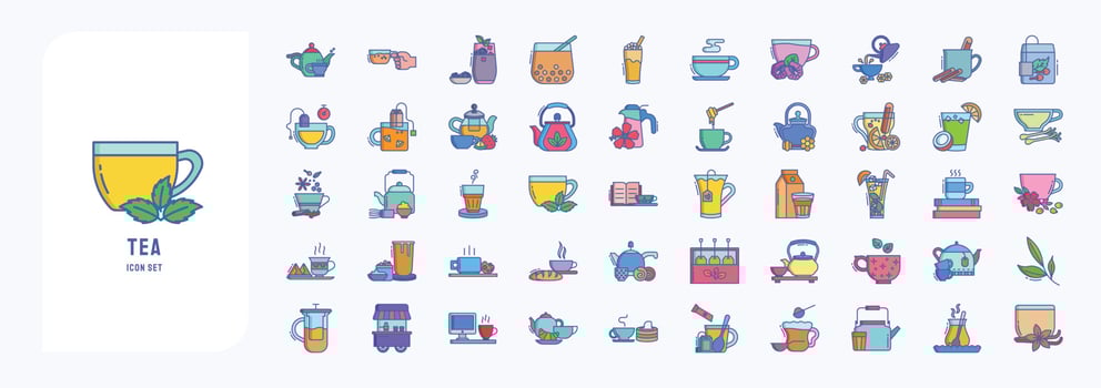 Collection of icons related to Tea, including icons like Black tea, milk, Bubble tea, Green tea and more vector