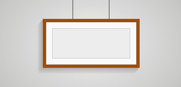A wide picture frame style on wall art for decorection, wooden frame with passepartout leaning against the white wall. Horizontal blank elegant frame template vector