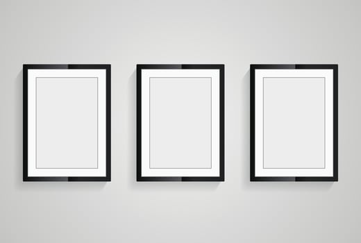 Three set of frame on white wall mock up design, three realistic frames vector for Interior Black Blank, and Wooden Poster Picture Frames Hanging on the wall