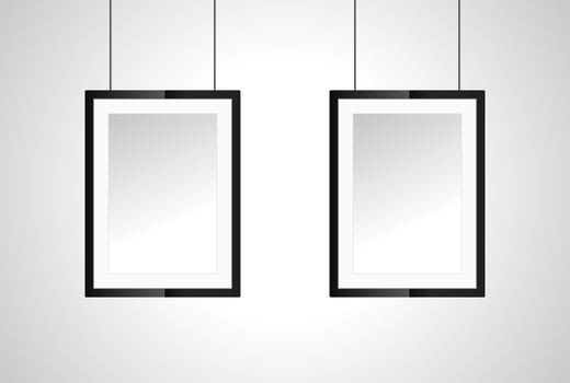 Two photo frame on white wall, in realistic vector for Interior Black Blank, Wooden Poster Picture Frames Hanging on the Ropes, Empty Poster Frames Design Template for Mockup
