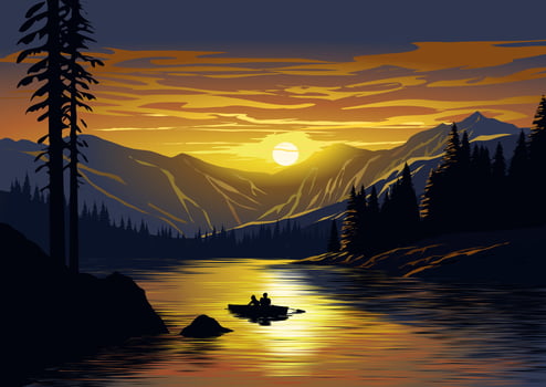 Amazing dramatic sunset illustration. Sunset landscape with mountain and lake with couple on a boa vector