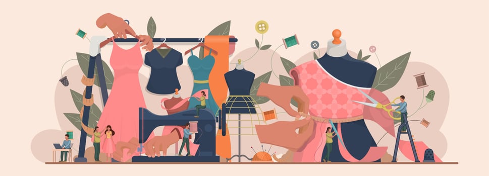 Fashion or clothes designer concept. Tiny tailor masters sewing clothes and working with a mannequin. Designing new collection in sewing studio. Dressmaker working on sewing machine. Vector. vector
