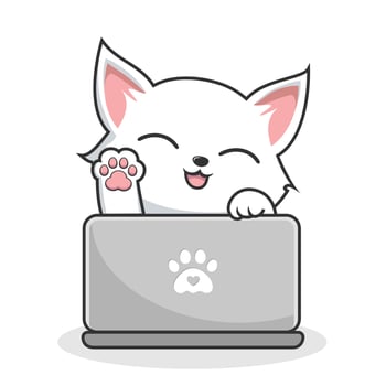 White Cat Playing Laptop Notebook - Cute White Pussy Cat Waving Paws Cartoon vector