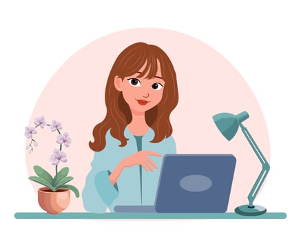 Home office concept. Woman freelancer, manager works at the computer. Illustration, vector
