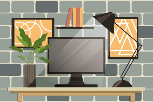 Home office concept, workspace. Computer monitor, table lamp, house plants, books on the shelf and wall posters. Background, vector