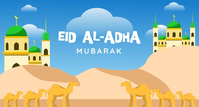 eid al adha, flat illustration design eid al adha greeting banner background with mosque decoration, camel animal in the desert vector