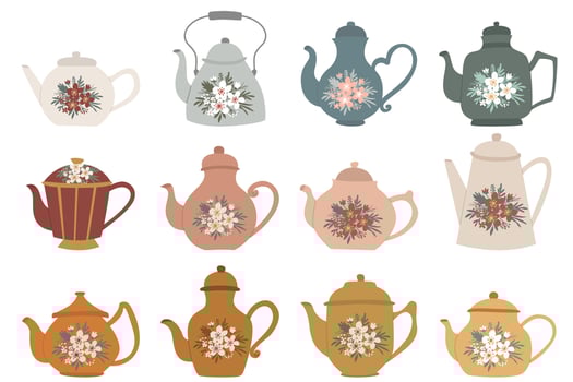 set of hand drawn teapot kettle clipart with flower bouquet decoration vector