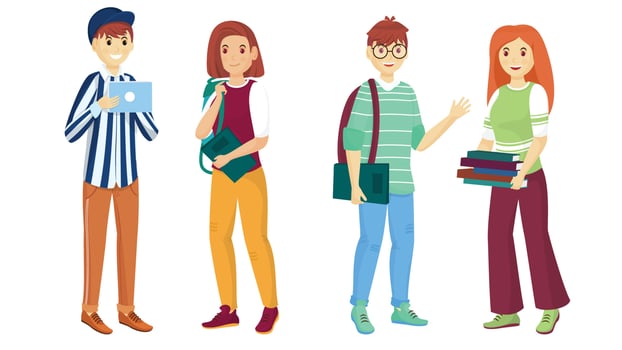 Young cartoon character of students in standing pose. Can be used for Back to School designs. vector