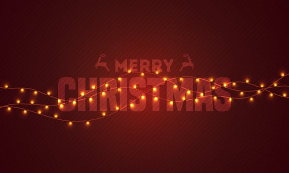 Typography of Merry Christmas decorated with lighting garland on brown striped background. Can be used as greeting card design. vector