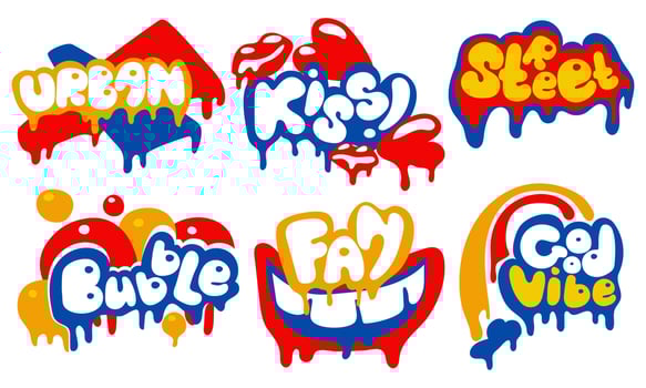 A set of unique colored words in the style of graffiti. Rounded letters and shapes with streaks of paint. Dripping paint, ink, grunge. Hand-drawn fashionable vector illustration in street style