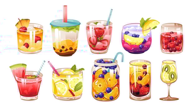 Summer cocktails and drinks with fruit. Different smoothies. Alcoholic and non-alcoholic beverages set. Cartoon Vector Illustration.