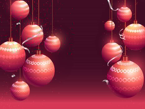 Realstic baubles hang on burgundy background can be used as greeting card design. vector
