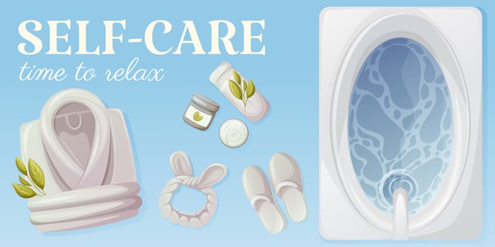 Items for relaxation. Bathtub with water, folded bathrobe, slippers, headband, towel and cream. Health and beauty. Top view. Self-care banner, time to relax. Vector illustration