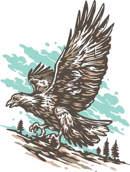 Illustration of a flying eagle over the mountain with vintage style vector