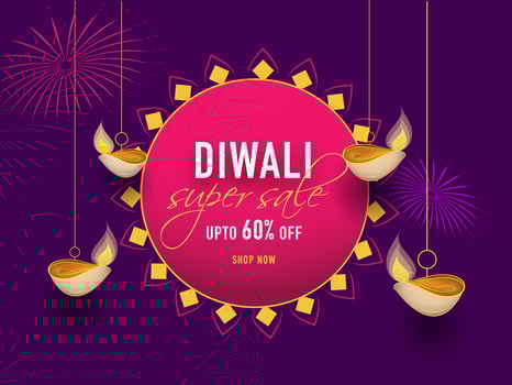 Super Sale banner or poster design decorated with hanging oil lamps and discount offer on purple background for Diwali Festival. vector