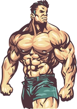 A cartoon illustration of a bodybuilder strongman with a big muscle vector