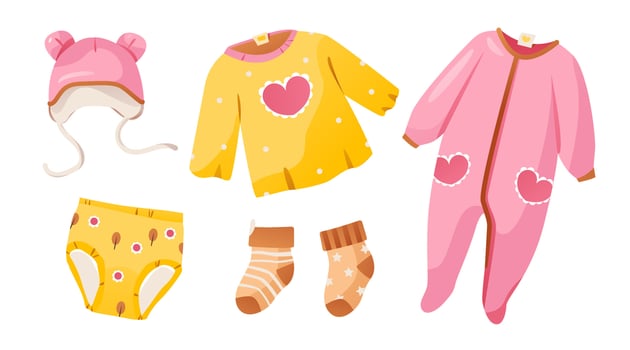 Cute clothes for a newborn baby girl. It's a girl. Baby shower. Cartoon vector illustration.