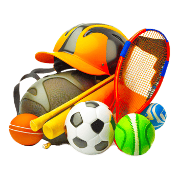 Collection of sports equipment commonly sold at a supermarket circle label for a sports goods png