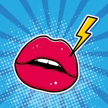 Pop art poster. Lips and yellow lightning. Vector illustration.