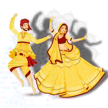 Illustration of young couple dancing garba pose on white mandala floral background. vector