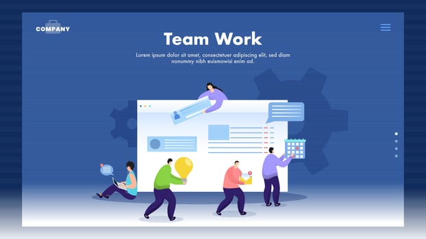 Teamwork concept based web banner design with business people working together as online chatting, idea, calendar maintain on website. vector