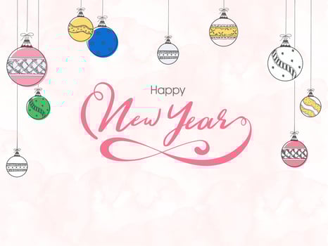 Calligraphy of Happy New Year and line art style baubles hang on pink watercolor effect background. Can be used as greeting card design. vector