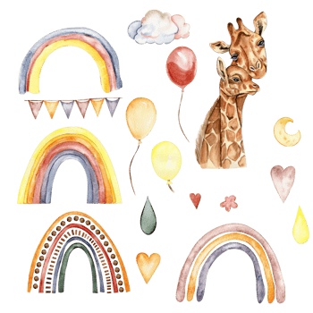 Watecolor hand drawn giraffe illustration and rainbow. png