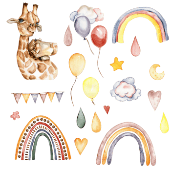 Watecolor hand drawn giraffe illustration and rainbow. png
