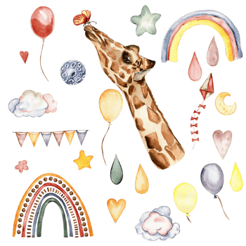 Watecolor hand drawn giraffe illustration and rainbow. png