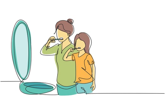 Single one line drawing smiling mother and daughter holding toothbrushes and looking at mirror in bathroom. Habits for health of mouth and teeth. Continuous line design graphic vector illustration