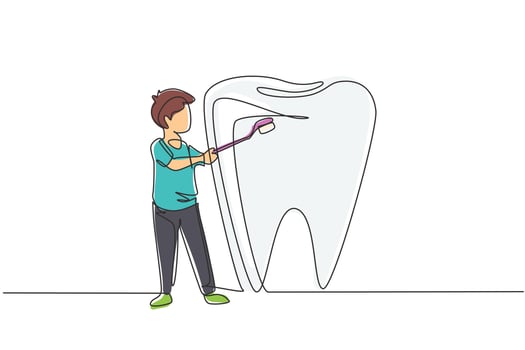 Continuous one line drawing boy brushing giant teeth with toothbrush. Symbol dental clinic, dentistry hospital, and oral care center. Teeth care. Single line draw design vector graphic illustration