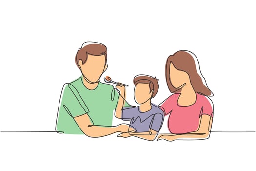 Continuous one line drawing young family having fun together in modern restaurant. Boy feeds his father with love. Happy little family concept. Single line draw design vector graphic illustration