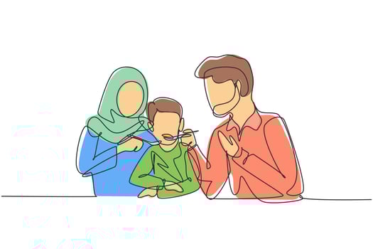Single continuous line drawing Arabian family having fun together in restaurant. Parents feeds they boy with love. Happy little family concept. Dynamic one line draw graphic design vector illustration