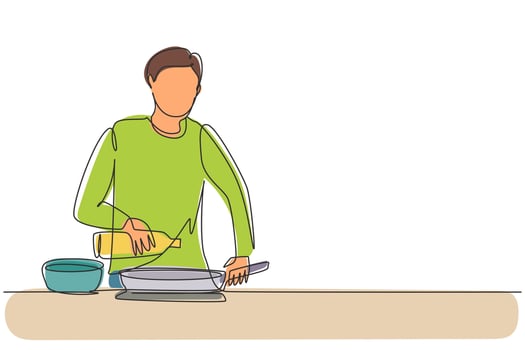 Single one line drawing happy husband pouring cooking oil from bottle into frying pan on stove. Prepare food at cozy kitchen. Cooking at home. Continuous line draw design graphic vector illustration