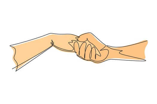Single one line drawing man and woman holding their hands. Sign or symbol of love, caring, friendship. Communication with hand gestures. Modern continuous line draw design graphic vector illustration