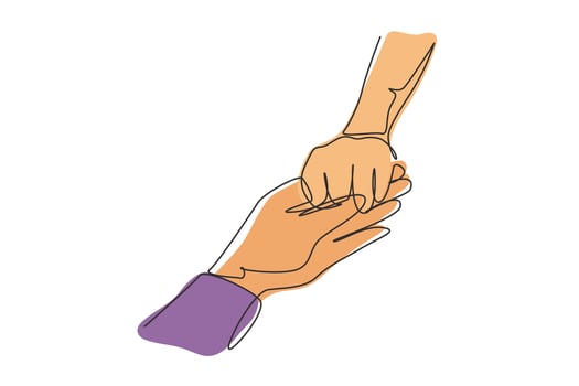 Single one line drawing close up couple hands man holding happy fiance hand after wedding proposal. Marriage celebration ceremony. Modern continuous line draw design graphic vector illustration