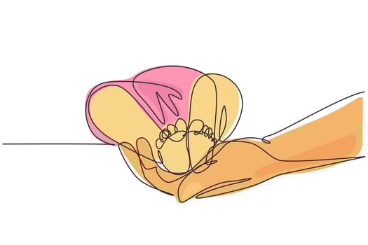 Single continuous line drawing Baby feet in mother hands. Tiny Newborn Baby's feet on female hands. Mom and her Child. Happy Family concept. Beautiful image of maternity. Dynamic one line draw graphic vector