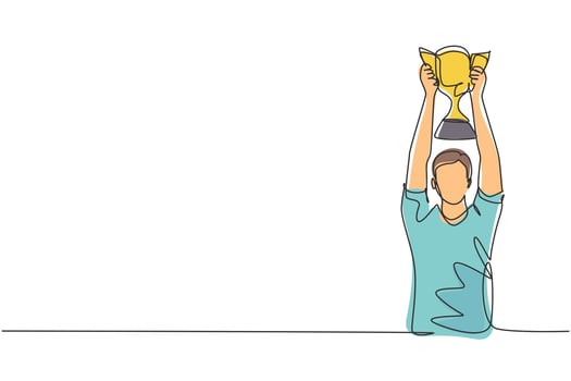 Single continuous line drawing male athlete wearing sports jersey lifting gold trophy with both hands. Celebrating victory of national competition. One line draw graphic design vector illustration