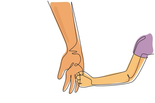 Single one line drawing happy parent holding child's hand. Childhood with family. Boy have bonding with his father. Hero father and family pride. Continuous line design graphic vector illustration
