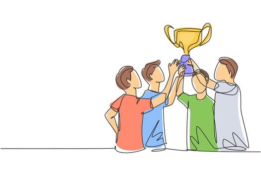 Single one line drawing male athlete team in sports jersey holding golden trophy together. Celebrating victory of international championship. Continuous line draw design graphic vector illustration
