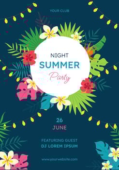 Poster of the summer night party. Creative bright, colorful, dark blue background with lanterns, tropical leaves and flowers. Poster, leaflet, print template, banner. vector
