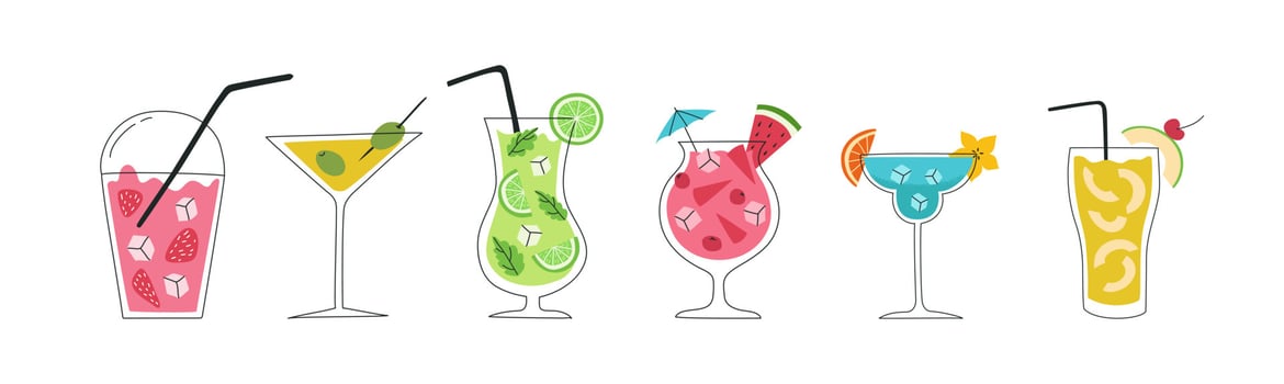 Set of hand drawn colorful cocktails. Summer holiday and beach party concept.  Popular drinks in different types of glasses. Vector illustration of summer cocktails.