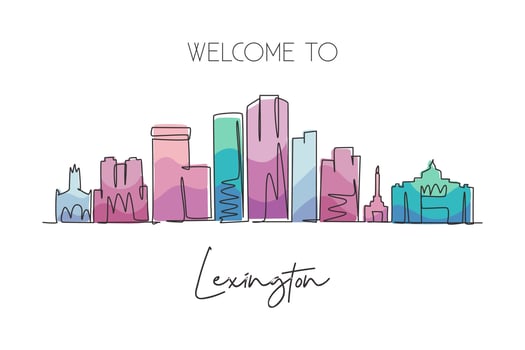 Single one line drawing Lexington city skyline, Kentucky. World historical town landscape. Best holiday destination postcard art. Editable stroke trendy continuous line draw design vector illustration