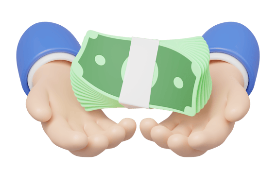 Bundle banknote float in hand isolated on transparent. Business man hold cash money icon. Mobile banking, cashback, refund, loan concept. Saving money wealth. 3d render cartoon smooth. png