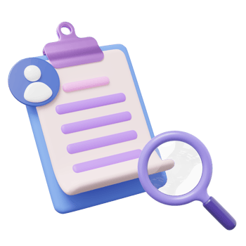 3d CV resume for job search icon on transparent. Interview document on clipboard, magnifying glass. Personal profile icon for worker HR search, human resources concept. Cartoon smooth. 3d rendering. png