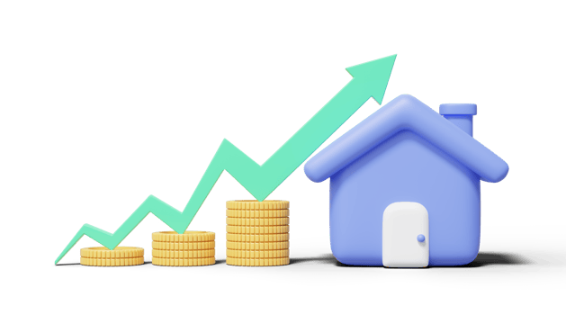 3D Gold coins stack with house on green arrow up on transparent. Home model with flue, door icon. Financial investment growth concept. Mockup cartoon icon minimal style. 3d render illustration. png