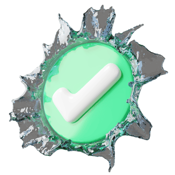 Blue water splash ripples, check mark button isolated. Dynamic motion of fluid. Green circle, white tick with elements pure liquid for cleaning products advertising. 3D rendering. png