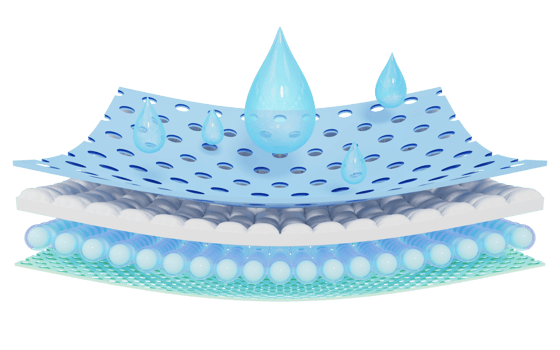 3D Blue water drop fall onto absorbent pad. Close up of moisture absorbing fiber sheets with 4 sections. Odor materials for baby, adult diapers, sanitary pad, absorbing cloth advertising. 3d render. png